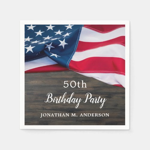American Flag Military Birthday Party Patriotic  Napkins - Patriotic American Flag Military Birthday Party Napkins. Host your patriotic birthday party with this USA flag patriotic birthday party napkins. USA American flag modern red white and blue design on rustic wood. This military birthday napkins are also perfect for military graduation parties and retirement. See our collection for matching military birthday invitations, gifts, party favors, and supplies.  COPYRIGHT © 2021 Judy Burrows, Black Dog Art - All Rights Reserved. American Flag Military Birthday Party Patriotic Napkins