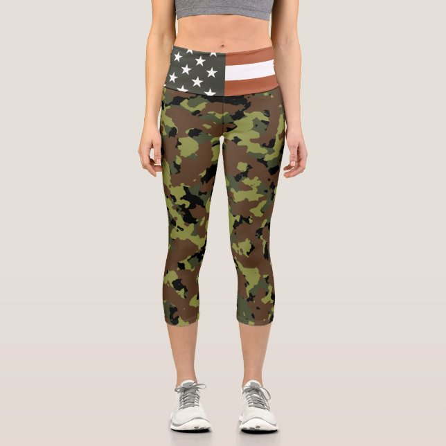 American Flag Military Green Camo Capri Leggings (Front)