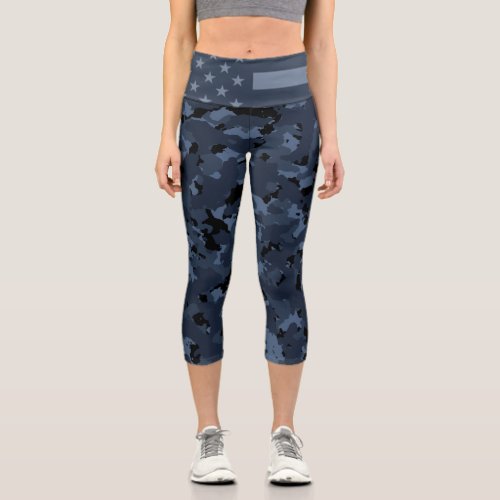 American Flag Military Night Camo Capri Leggings