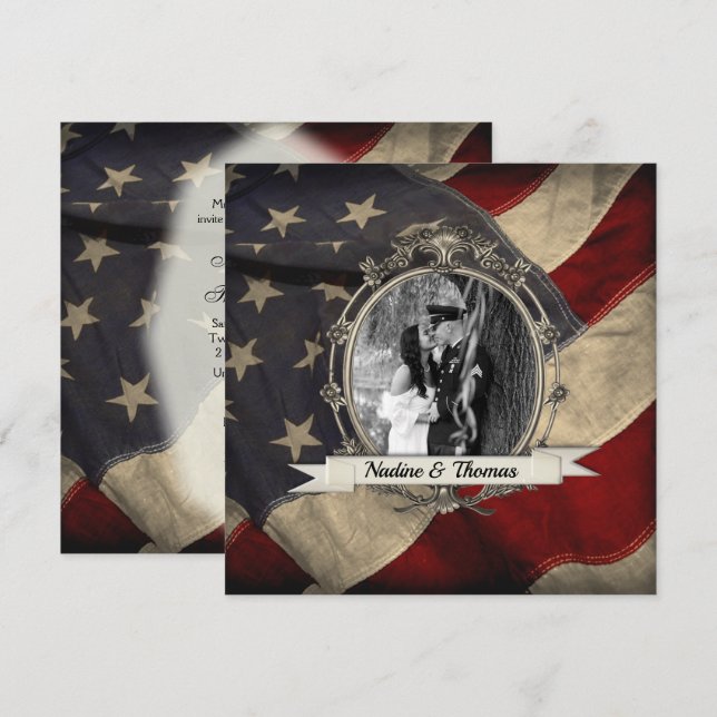 American Flag Military Wedding w Photograph Invitation (Front/Back)
