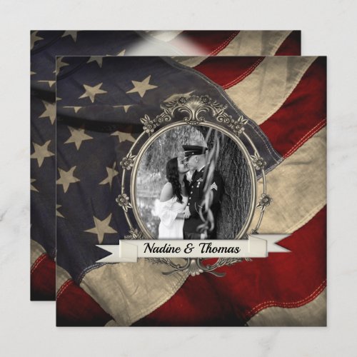 American Flag Military Wedding w Photograph Invitation