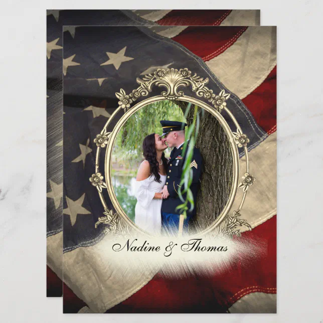 American Flag Military Wedding w Photograph Invitation (Front/Back)