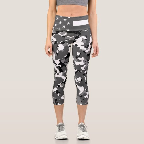 American Flag Military Winter Camo Capri Leggings