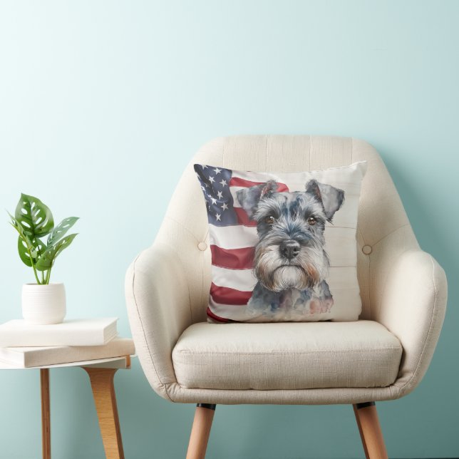 American Flag Miniature Schnauzer Dog Throw Pillow (Chair)