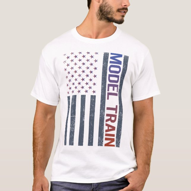 American Flag Model Train Trains Railroad Railway T-Shirt (Front)