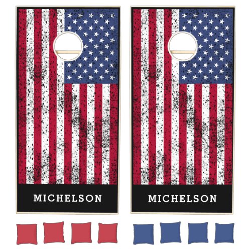 American Flag Modern Family Name Personalized Cornhole Set