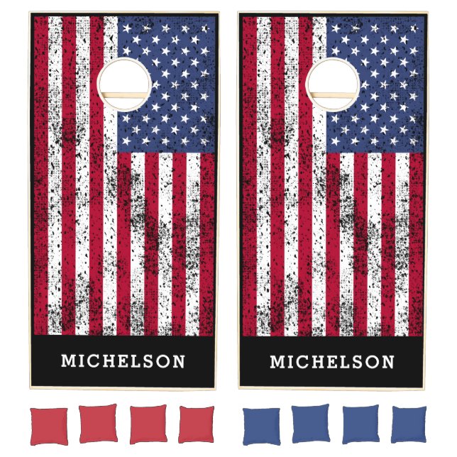 American Flag Modern Family Name Personalized Cornhole Set (Set)