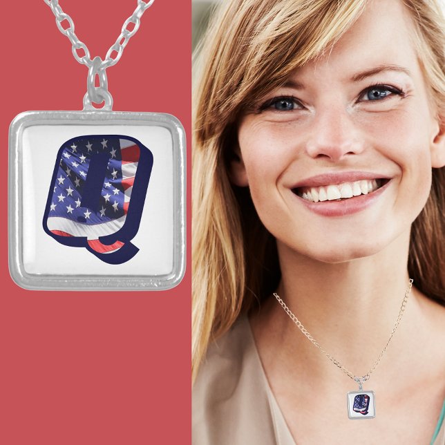 American Flag Monogram Letter Q Silver Plated Necklace (American Flag Monogram Letter Q Silver Plated Necklace)
