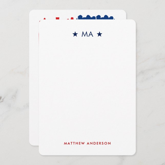 American Flag Monogram & Name Personal Stationery Note Card (Front/Back)