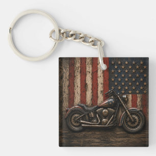 American Flag Motorcycle Patriotic Biker Garage De Keychain