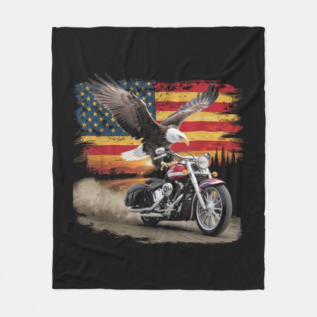 American Flag Motorcycle Tshirt USA Flag Biker Ret Fleece Blanket (Front)