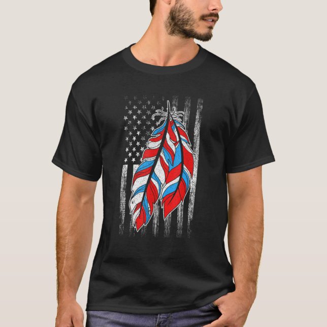 American Flag  Native Feather Pride Month Indigeno T-Shirt (Front)