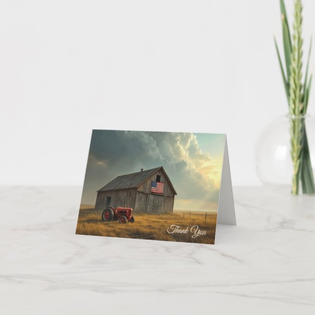 American Flag On a Rustic Barn Sympathy Thank You Card (Front)