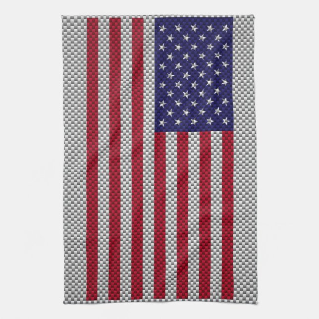 American Flag on Carbon Fiber Style Print Kitchen Towel (Vertical)