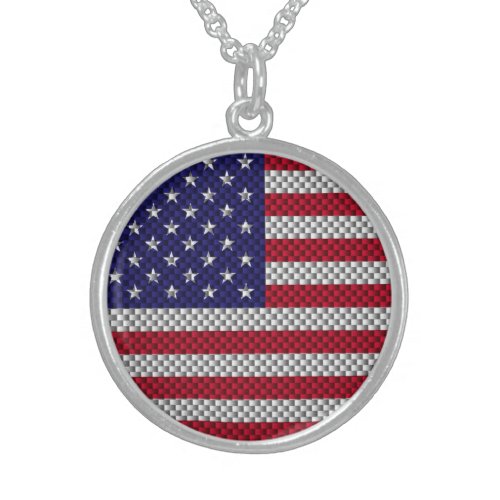 American Flag on Carbon Fiber Style Print Sterling Silver Necklace
