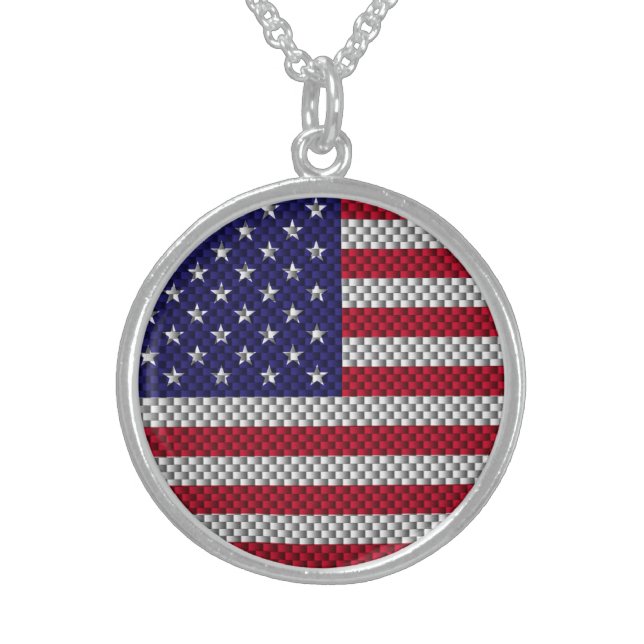 American Flag on Carbon Fiber Style Print Sterling Silver Necklace (Front)