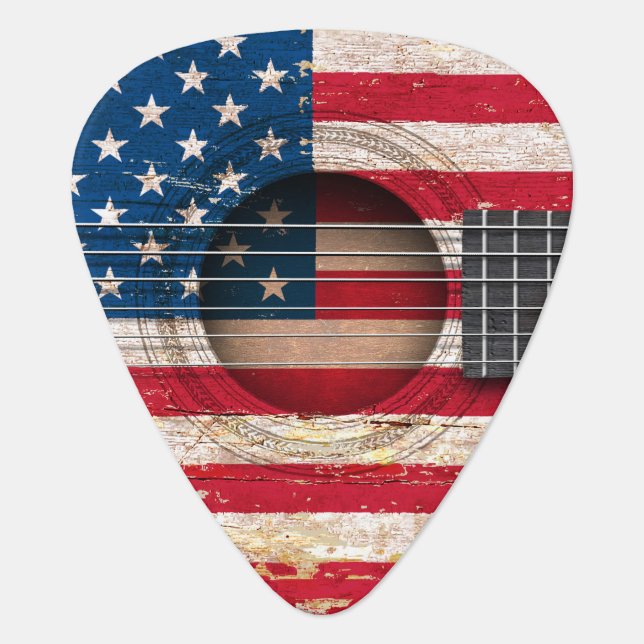 American Flag on Old Acoustic Guitar Guitar Pick (Front)