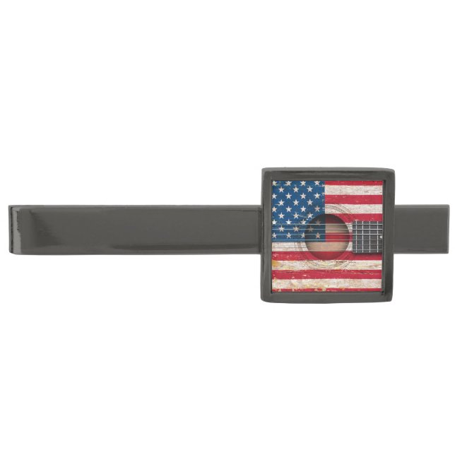 American Flag on Old Acoustic Guitar Gunmetal Finish Tie Clip (Front)