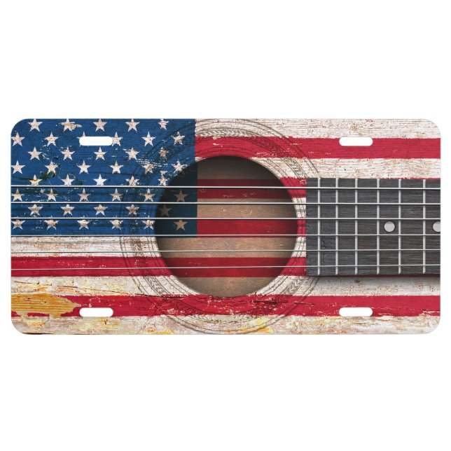 American Flag on Old Acoustic Guitar License Plate (Front)