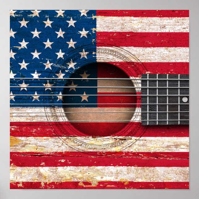 American Flag on Old Acoustic Guitar Poster (Front)