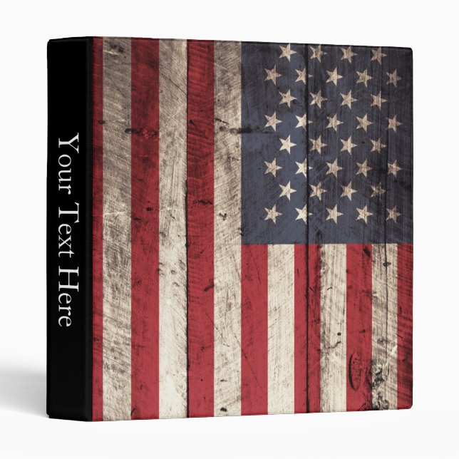American Flag on Old Wood Grain 3 Ring Binder (Front/Spine)