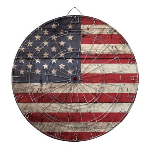 American Flag on Old Wood Grain Dartboard With Darts