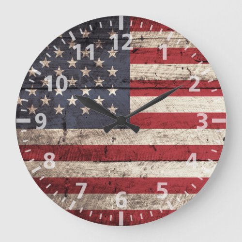 American Flag on Old Wood Grain Large Clock