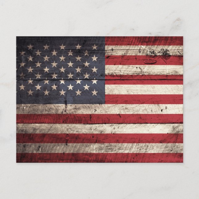 American Flag on Old Wood Grain Postcard (Front)