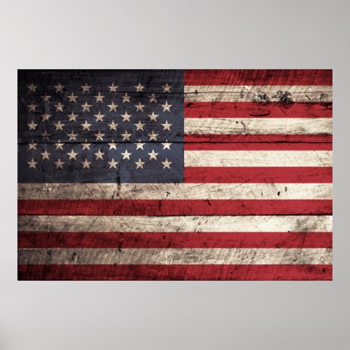 American Flag on Old Wood Grain Poster