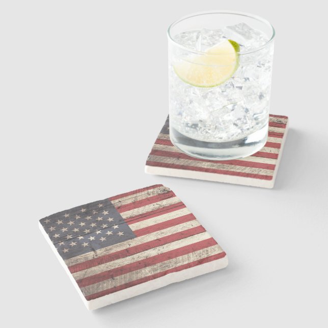 American Flag on Old Wood Grain Stone Coaster (Side)