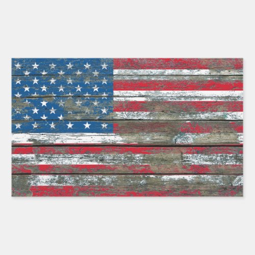 American Flag on Rough Wood Boards Effect Rectangular Sticker
