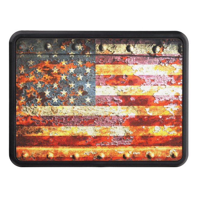 American Flag On Rusted Riveted Metal Door Hitch Cover (Front)