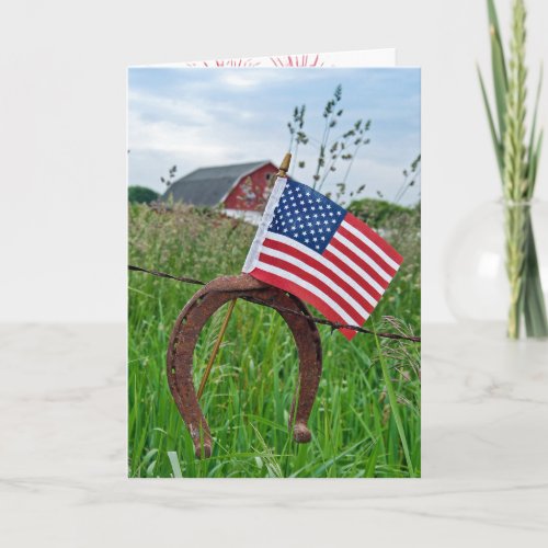 American flag on rusty horseshoe card