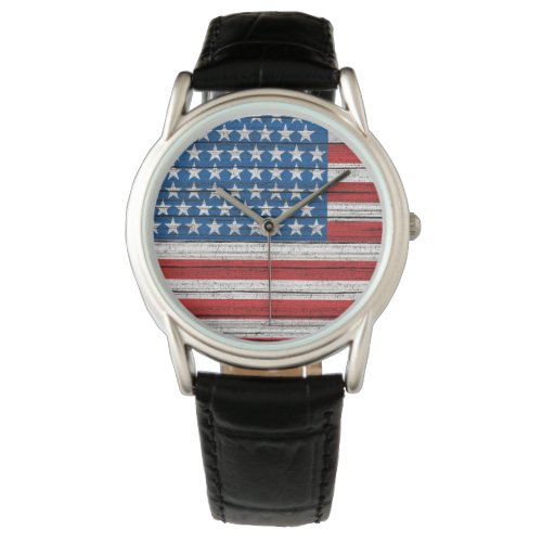 American Flag On Weathered Wood Grain Pattern Watch