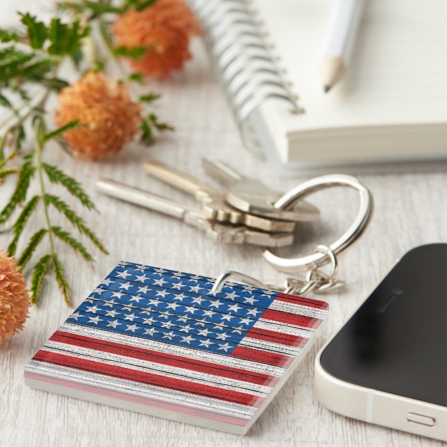 American Flag On Weathered Wooden Planks Pattern Keychain (Front Right)