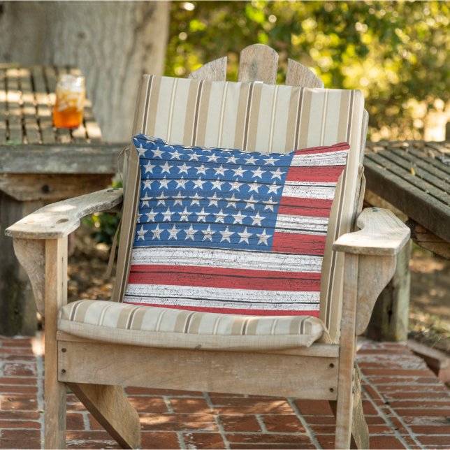 American Flag On Weathered Wooden Planks Pattern Outdoor Pillow (Chair)