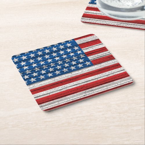 American Flag On Weathered Wooden Planks Pattern Square Paper Coaster