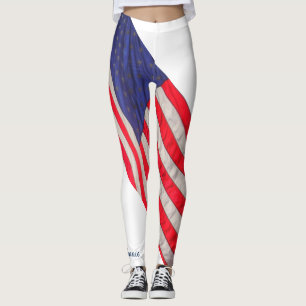 American Flag on White Background w/Name Leggings