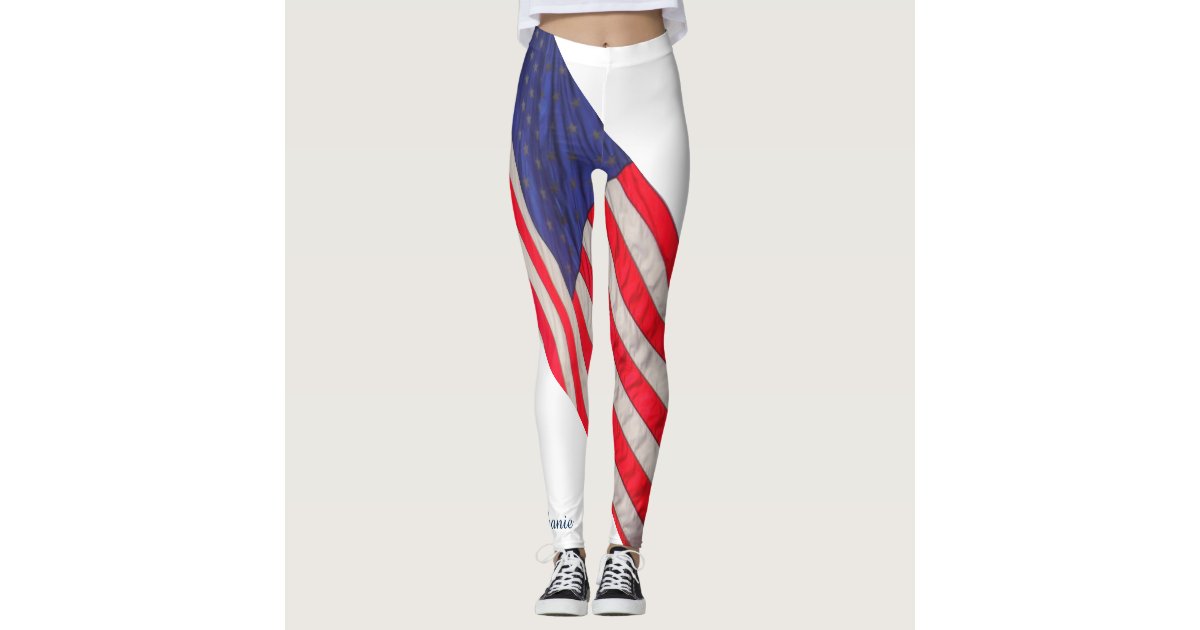 American Flag on White Background w/Name Leggings | Zazzle