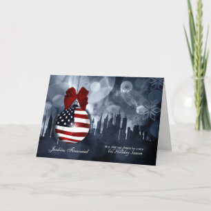 American Flag Ornament and Skyline Christmas Holiday Card