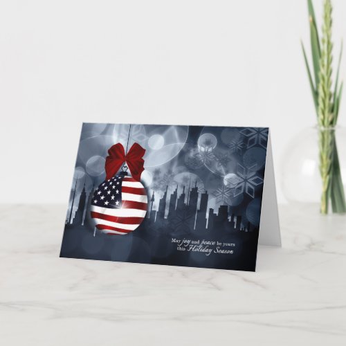 American Flag Ornament and Skyline  Christmas Holiday Card