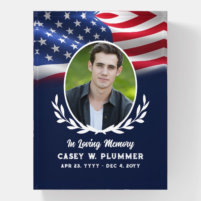 American Flag Oval Photo In Loving Memory Paperweight (Vertical)