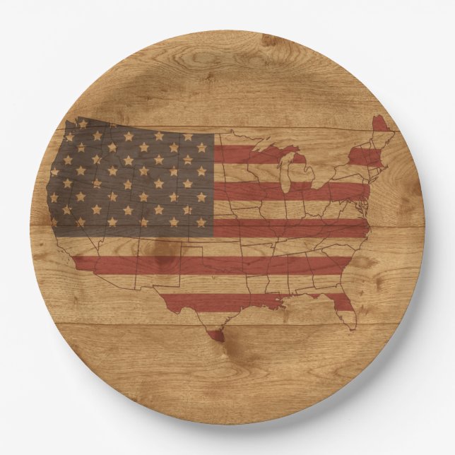 American Flag Over Rustic Wood | USA Patriotic Pap Paper Plates (Front)