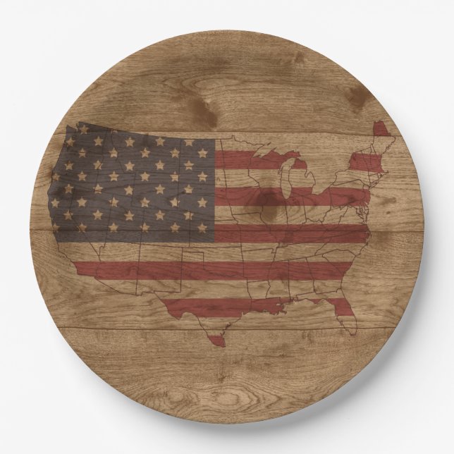 American Flag Over Rustic Wood | USA Patriotic Paper Plates (Front)