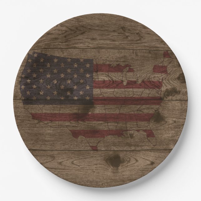 American Flag Over Rustic Wood | USA Patriotic Paper Plates (Front)