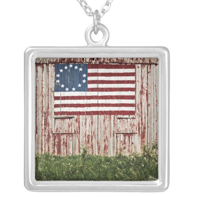 American flag painted on barn silver plated necklace (Front)