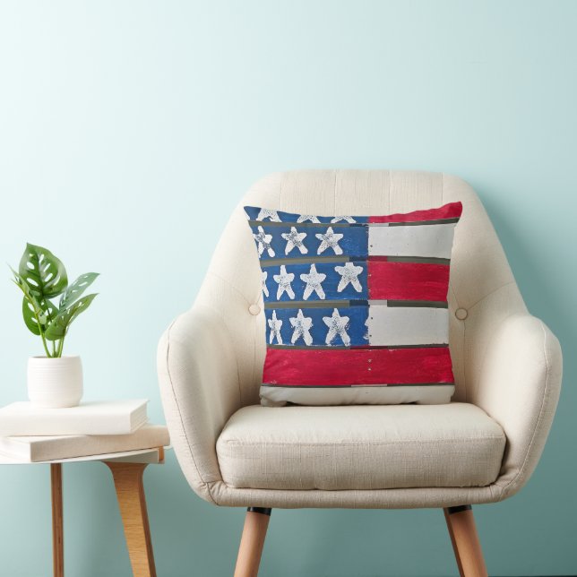 American Flag Painted On Wooden Pallet Throw Pillow (Chair)