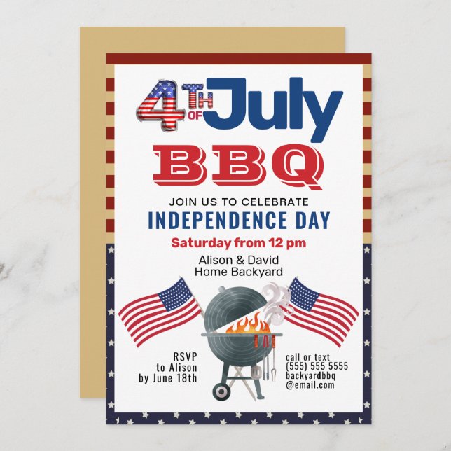 American Flag Patriotic 4th of July BBQ Invitation (Front/Back)