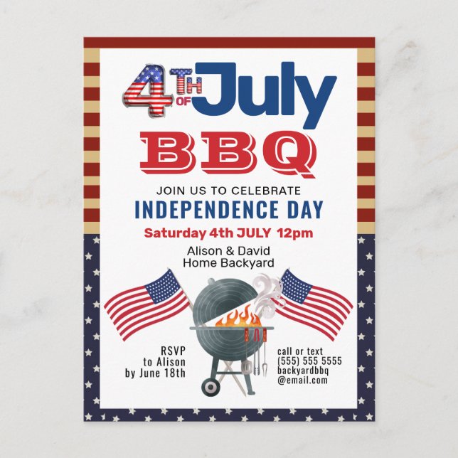 American Flag Patriotic 4th of July BBQ Invitation Postcard (Front)