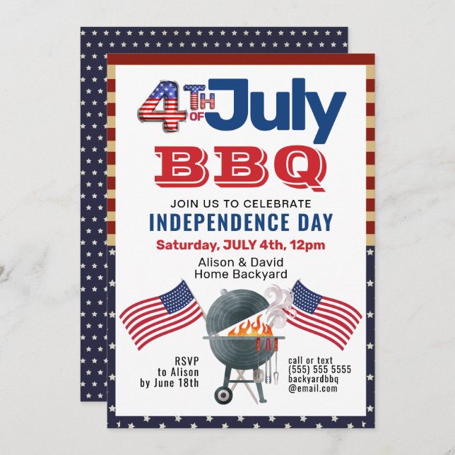 American Flag Patriotic 4th of July BBQ Party Invitation (Front/Back)